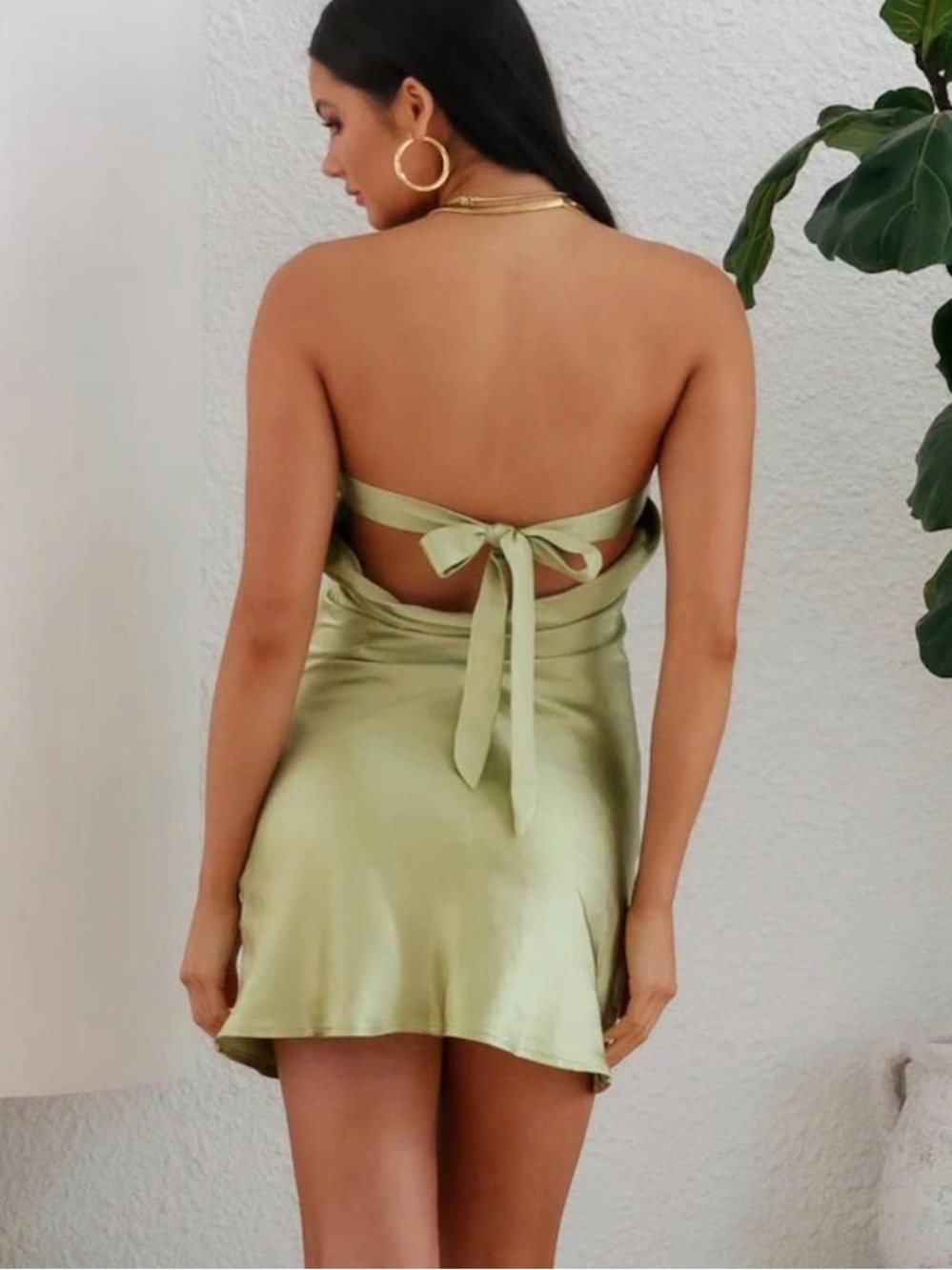 Hello Molly Olive Satin Tie-Back Mini Dress
